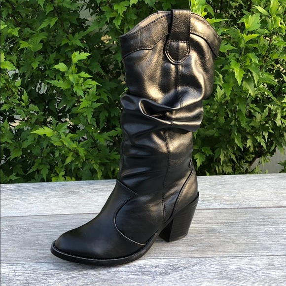 Soda Shoes - Black Cowboy Mid Calf Faux Leather Boot